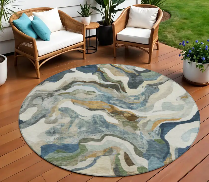 8' Denim Blue Ivory And Gold Round Abstract Washable Indoor Outdoor Area Rug Photo 2