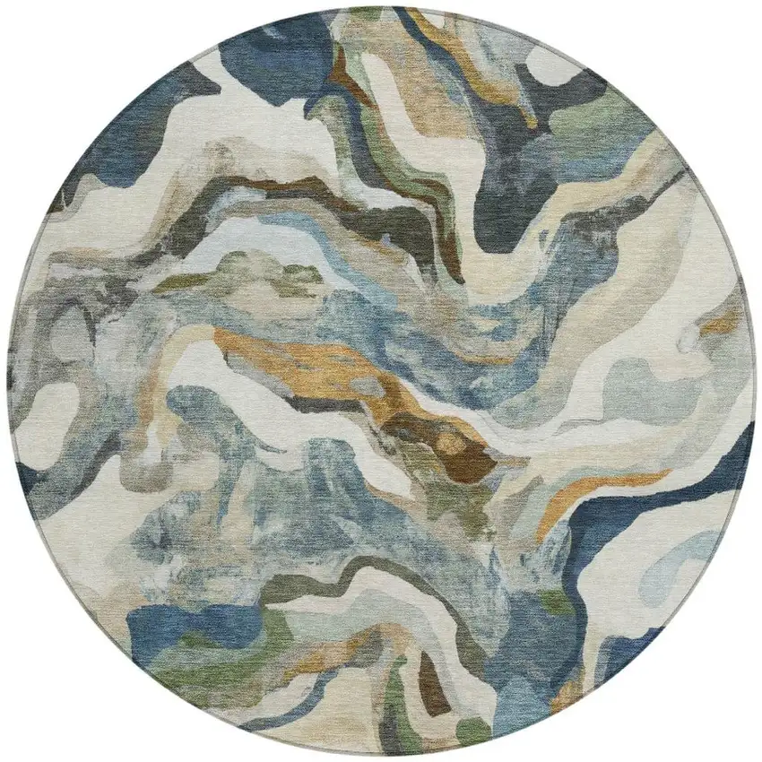 8' Denim Blue Ivory And Gold Round Abstract Washable Indoor Outdoor Area Rug Photo 4