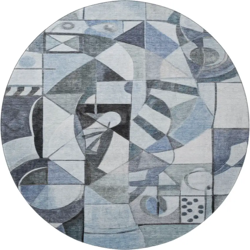 8' Denim Blue Ivory And Gray Abstract Washable Round Rug With UV Protection Photo 3