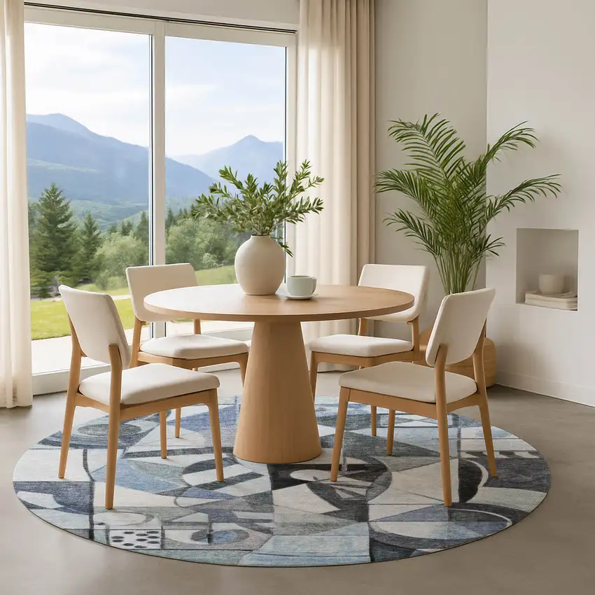 8' Denim Blue Ivory And Gray Abstract Washable Round Rug With UV Protection Photo 4