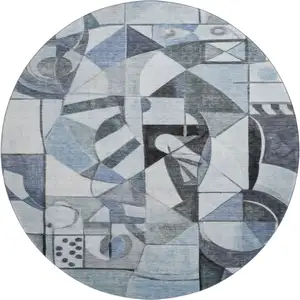 Photo of 8' Denim Blue Ivory And Gray Abstract Washable Round Rug With UV Protection