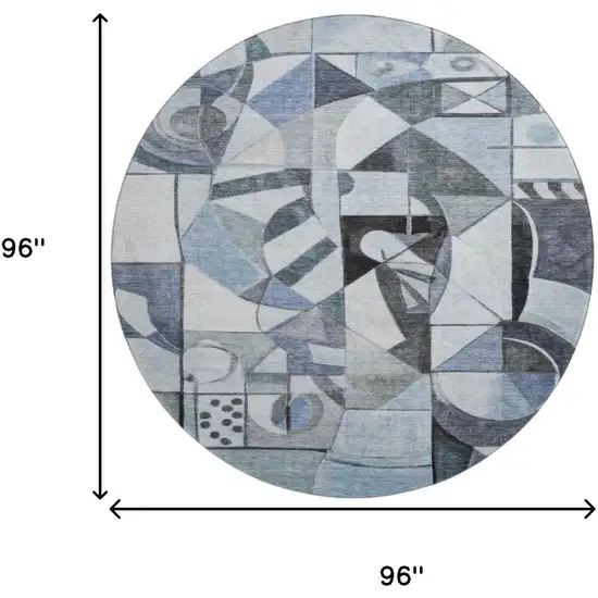 8' Denim Blue Ivory And Gray Abstract Washable Round Rug With UV Protection Photo 9