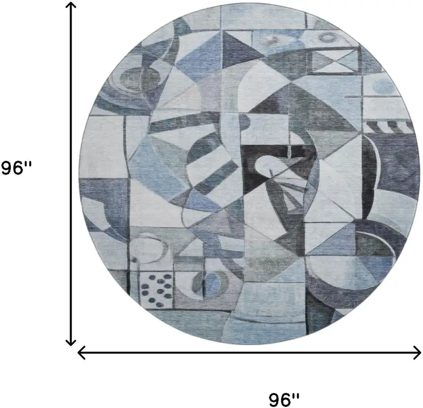 8' Denim Blue Ivory And Gray Abstract Washable Round Rug With UV Protection Photo 9
