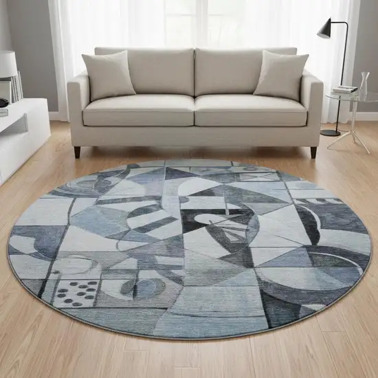 8' Denim Blue Ivory And Gray Abstract Washable Round Rug With UV Protection Photo 1