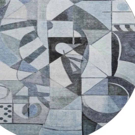 8' Denim Blue Ivory And Gray Abstract Washable Round Rug With UV Protection Photo 2