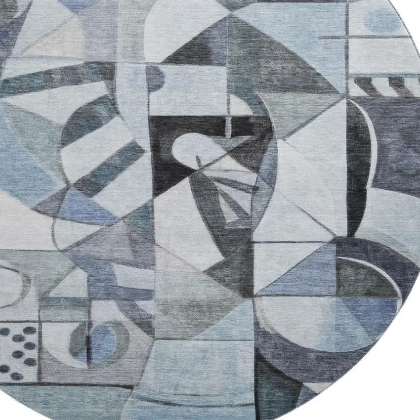 8' Denim Blue Ivory And Gray Abstract Washable Round Rug With UV Protection Photo 2