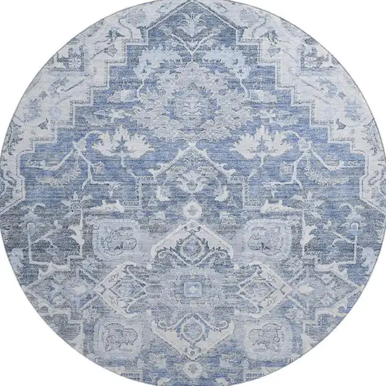8' Denim Blue Ivory And Gray Floral Medallion Washable Round Rug With UV Protection Photo 4