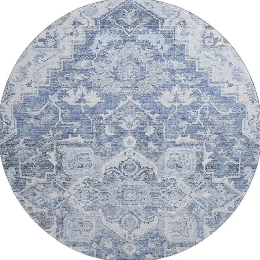 8' Denim Blue Ivory And Gray Floral Medallion Washable Round Rug With UV Protection Photo 4