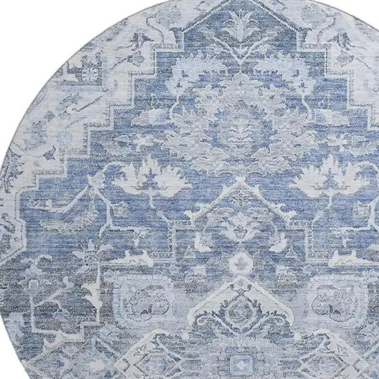 8' Denim Blue Ivory And Gray Floral Medallion Washable Round Rug With UV Protection Photo 3