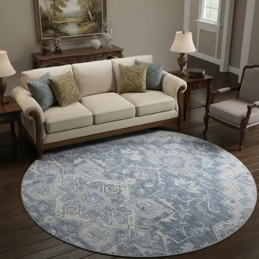 8' Denim Blue Ivory And Gray Floral Medallion Washable Round Rug With UV Protection Photo 2