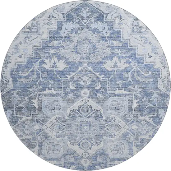 8' Denim Blue Ivory And Gray Floral Medallion Washable Round Rug With UV Protection Photo 1