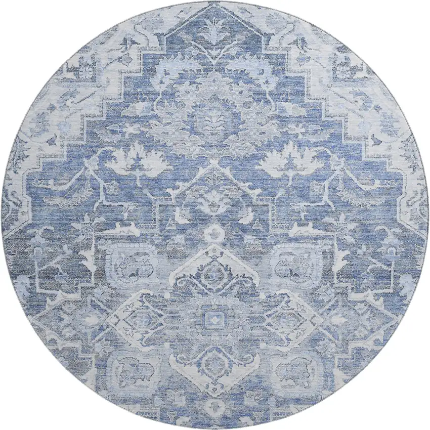 8' Denim Blue Ivory And Gray Floral Medallion Washable Round Rug With UV Protection Photo 1
