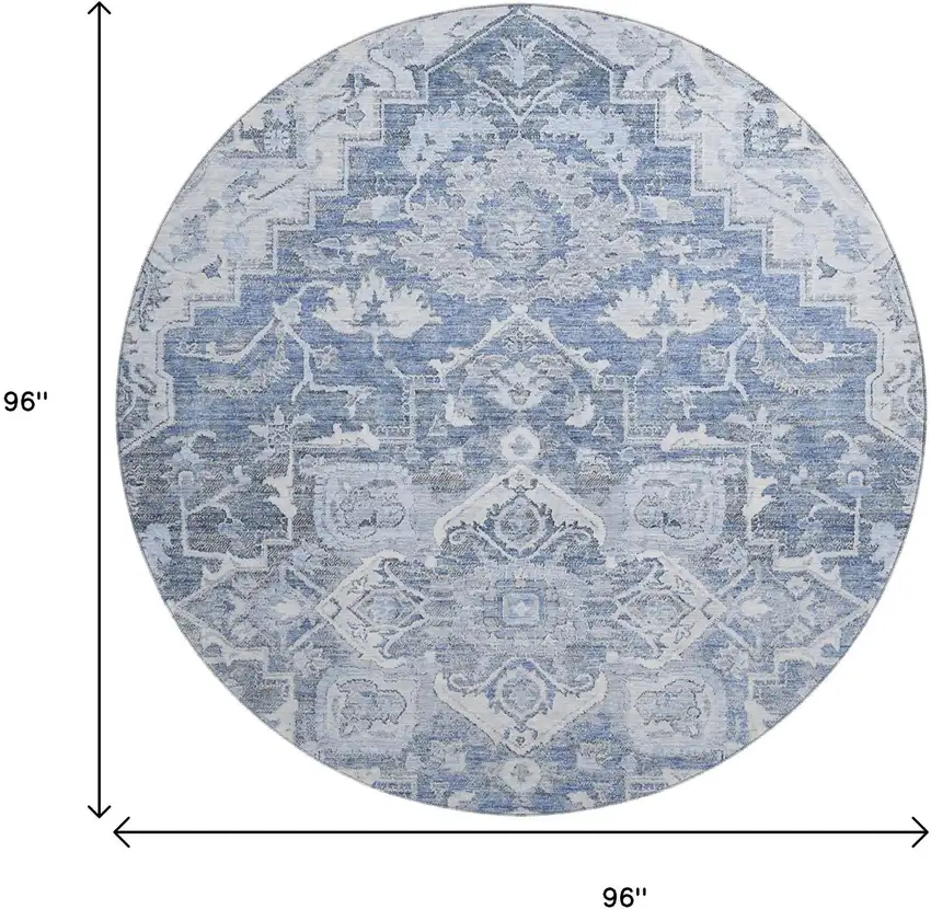 8' Denim Blue Ivory And Gray Floral Medallion Washable Round Rug With UV Protection Photo 3