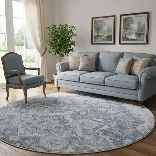8' Denim Blue Ivory And Gray Floral Medallion Washable Round Rug With UV Protection Photo 1