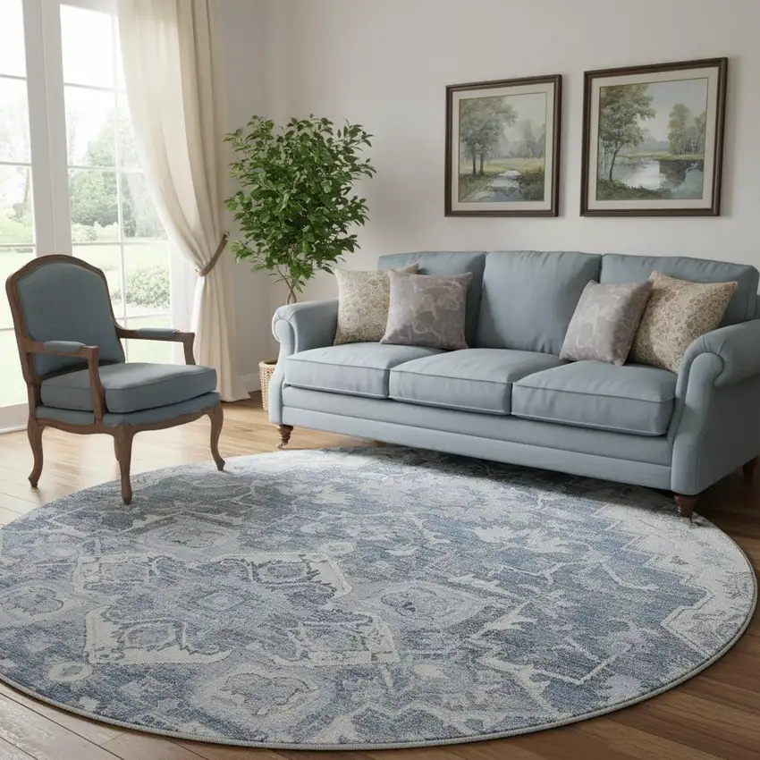 8' Denim Blue Ivory And Gray Floral Medallion Washable Round Rug With UV Protection Photo 1