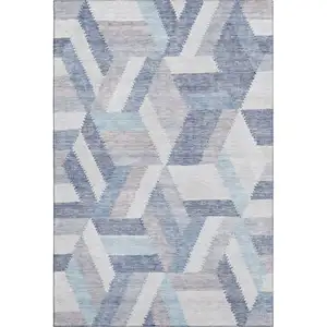 Photo of 8' Denim Blue Ivory And Gray Geometric Washable Area Rug With UV Protection
