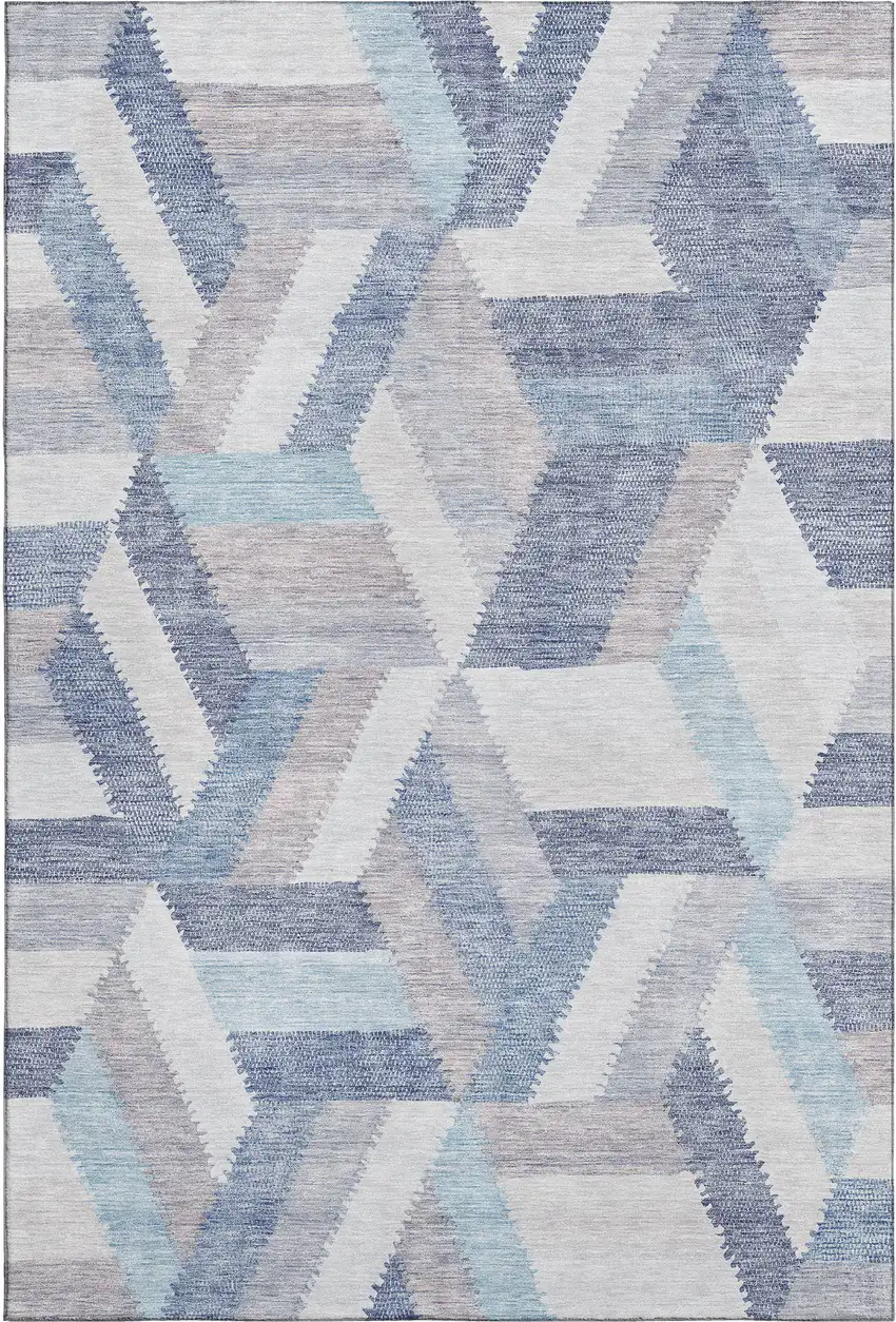 8' Denim Blue Ivory And Gray Geometric Washable Area Rug With UV Protection Photo 1