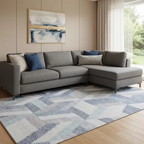 8' Denim Blue Ivory And Gray Geometric Washable Area Rug With UV Protection Photo 2