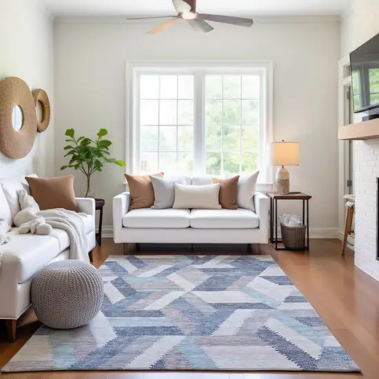 8' Denim Blue Ivory And Gray Geometric Washable Area Rug With UV Protection Photo 5