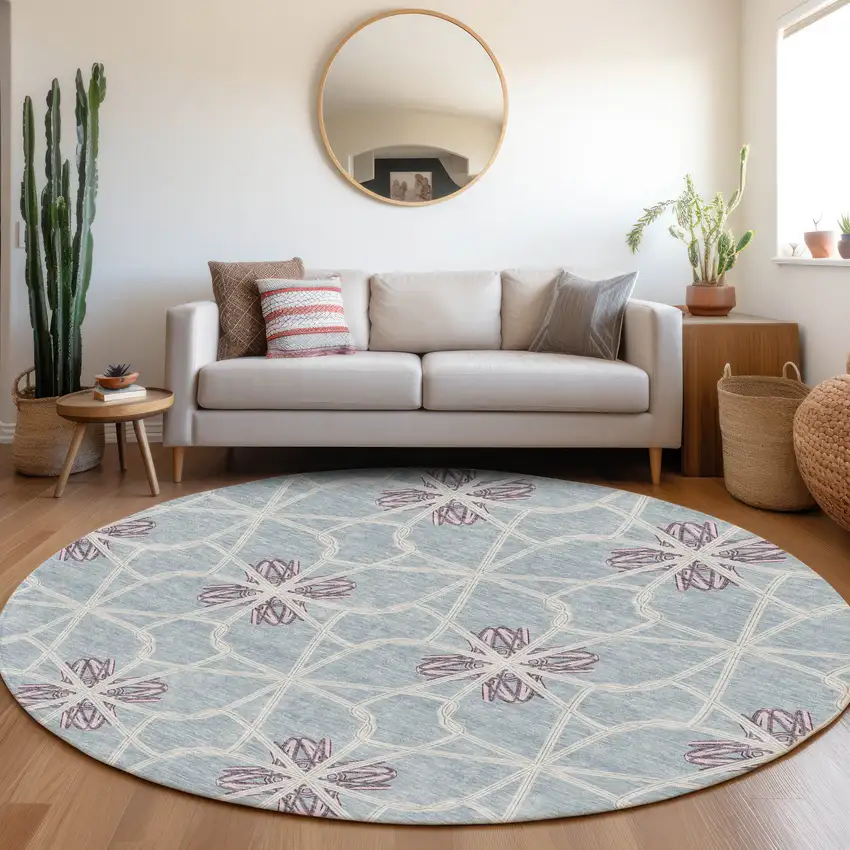 8' Denim Blue Ivory And Gray Geometric Washable Round Rug With UV Protection Photo 3
