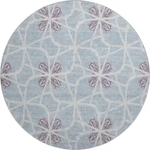 Photo of 8' Denim Blue Ivory And Gray Geometric Washable Round Rug With UV Protection