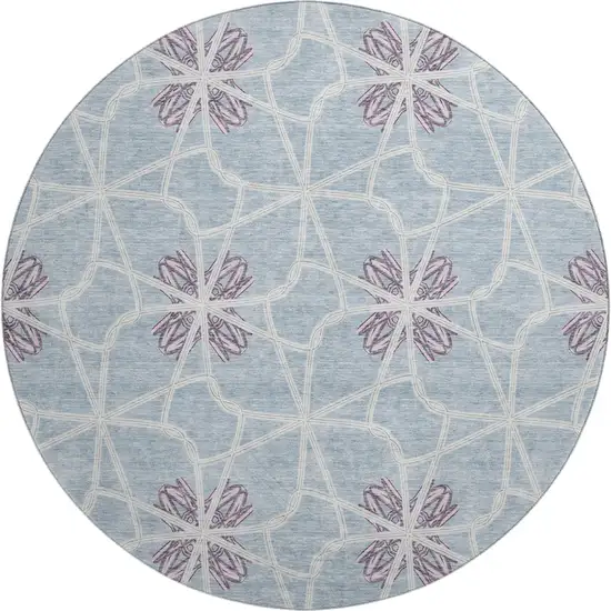 8' Denim Blue Ivory And Gray Geometric Washable Round Rug With UV Protection Photo 1