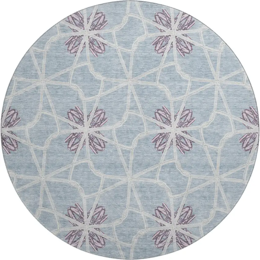 8' Denim Blue Ivory And Gray Geometric Washable Round Rug With UV Protection Photo 1