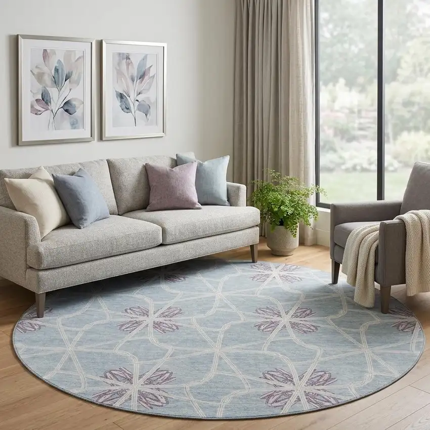 8' Denim Blue Ivory And Gray Geometric Washable Round Rug With UV Protection Photo 1