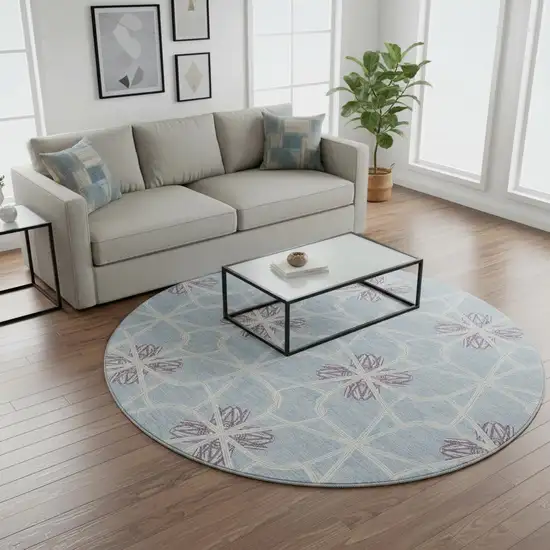 8' Denim Blue Ivory And Gray Geometric Washable Round Rug With UV Protection Photo 2