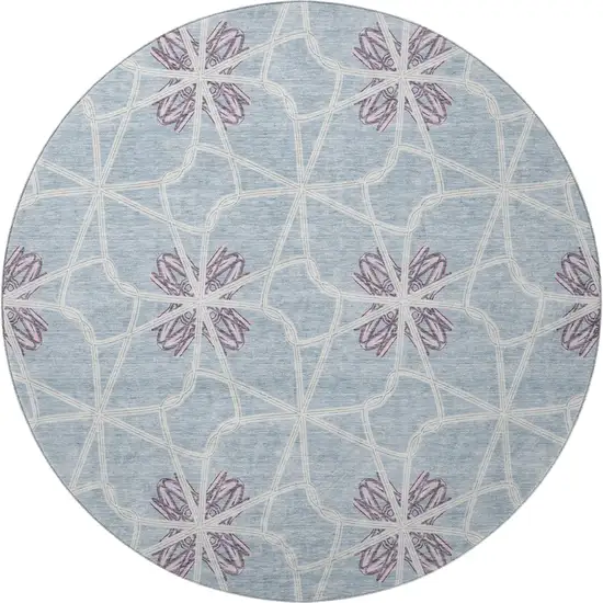 8' Denim Blue Ivory And Gray Geometric Washable Round Rug With UV Protection Photo 2