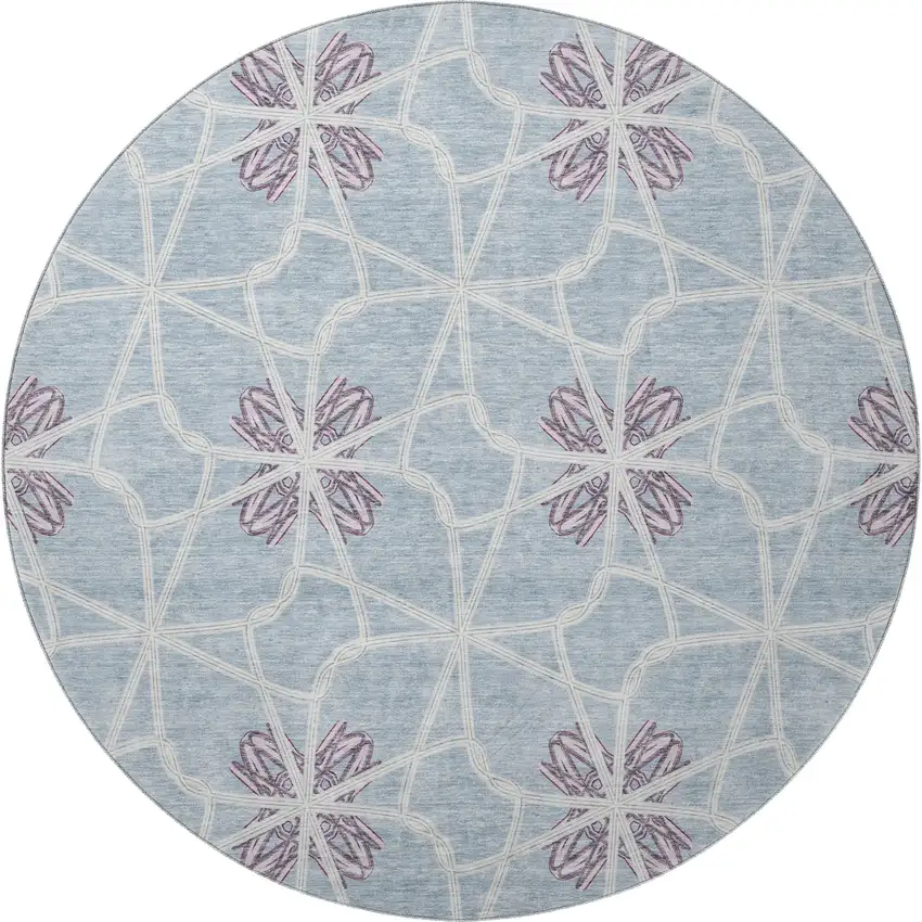 8' Denim Blue Ivory And Gray Geometric Washable Round Rug With UV Protection Photo 2