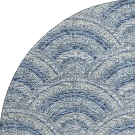 8' Denim Blue Ivory And Gray Geometric Washable Round Rug With UV Protection Photo 2
