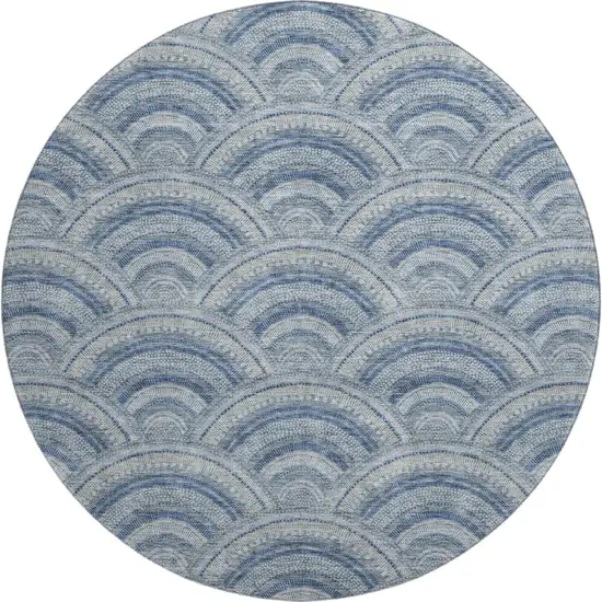 8' Denim Blue Ivory And Gray Geometric Washable Round Rug With UV Protection Photo 1