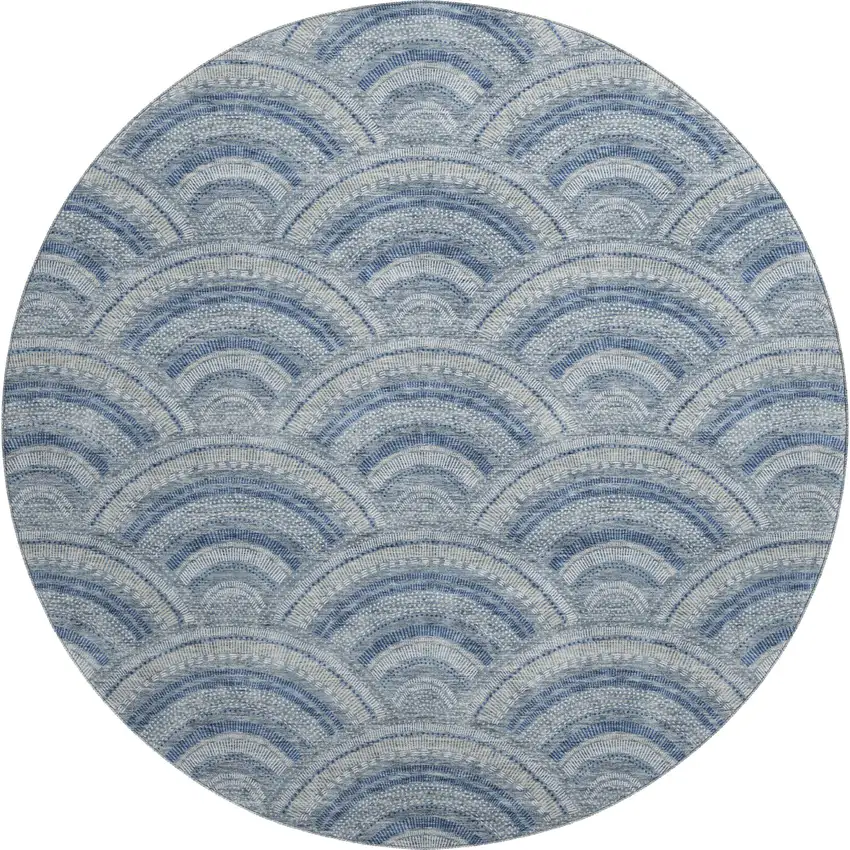 8' Denim Blue Ivory And Gray Geometric Washable Round Rug With UV Protection Photo 1
