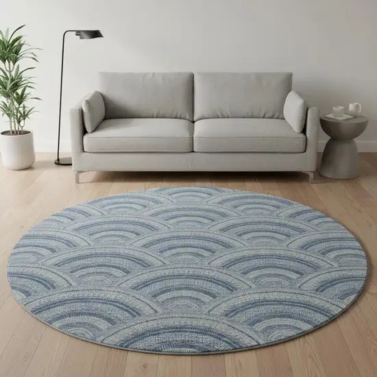 8' Denim Blue Ivory And Gray Geometric Washable Round Rug With UV Protection Photo 2
