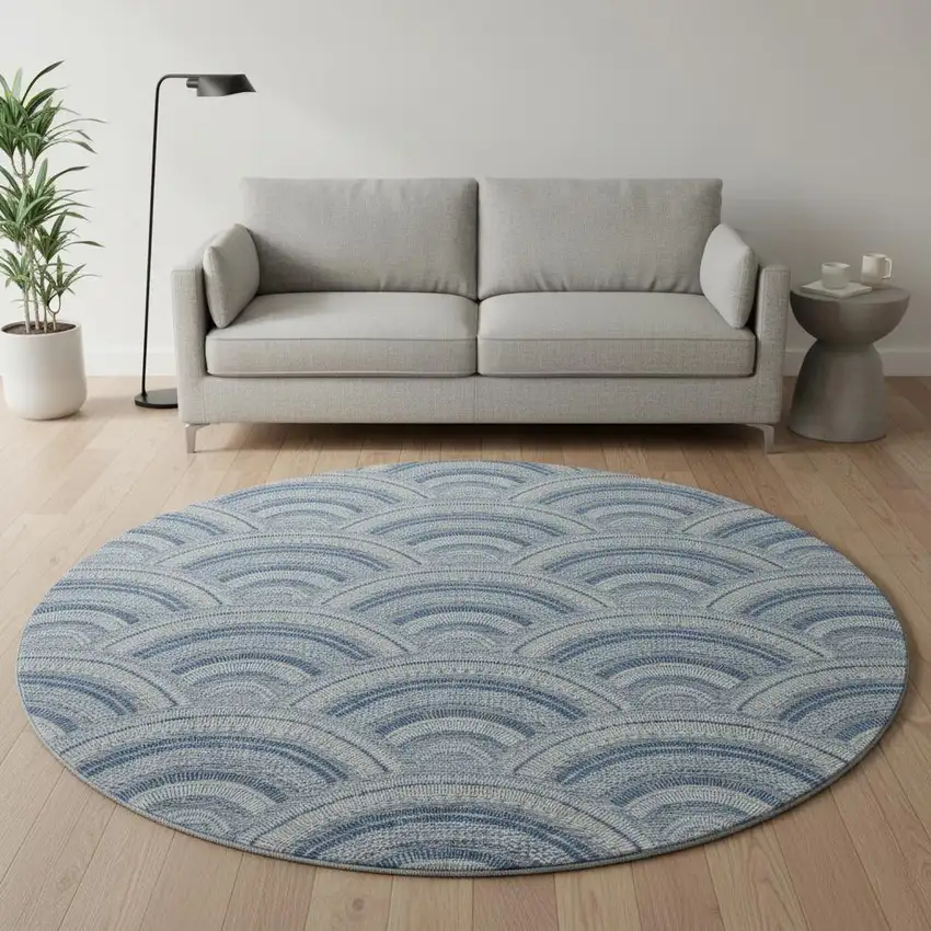 8' Denim Blue Ivory And Gray Geometric Washable Round Rug With UV Protection Photo 2