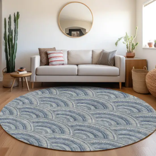 8' Denim Blue Ivory And Gray Geometric Washable Round Rug With UV Protection Photo 4