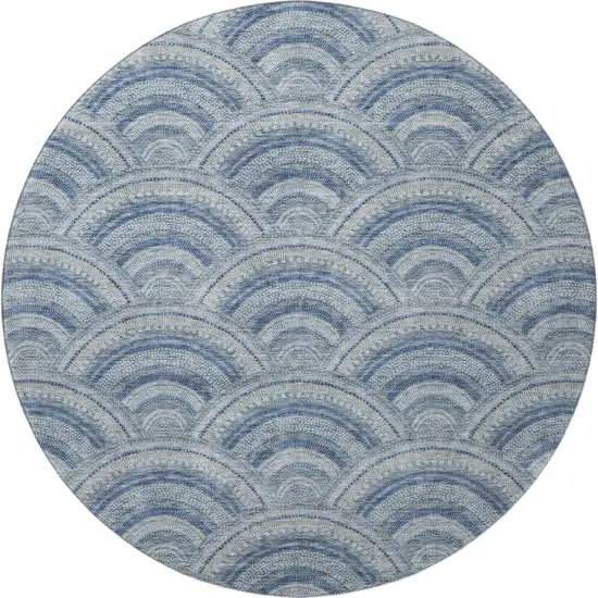 8' Denim Blue Ivory And Gray Geometric Washable Round Rug With UV Protection Photo 3