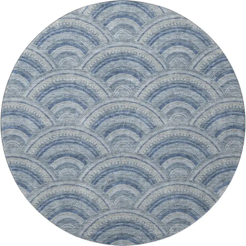 8' Denim Blue Ivory And Gray Geometric Washable Round Rug With UV Protection Photo 3