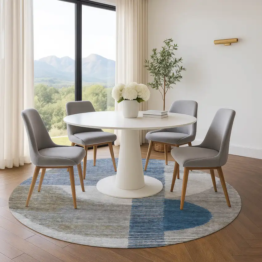 8' Denim Blue Ivory And Gray Geometric Washable Round Rug With UV Protection Photo 5