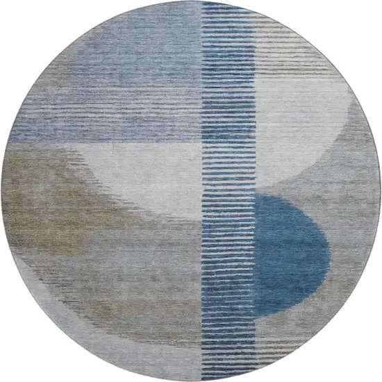 8' Denim Blue Ivory And Gray Geometric Washable Round Rug With UV Protection Photo 1