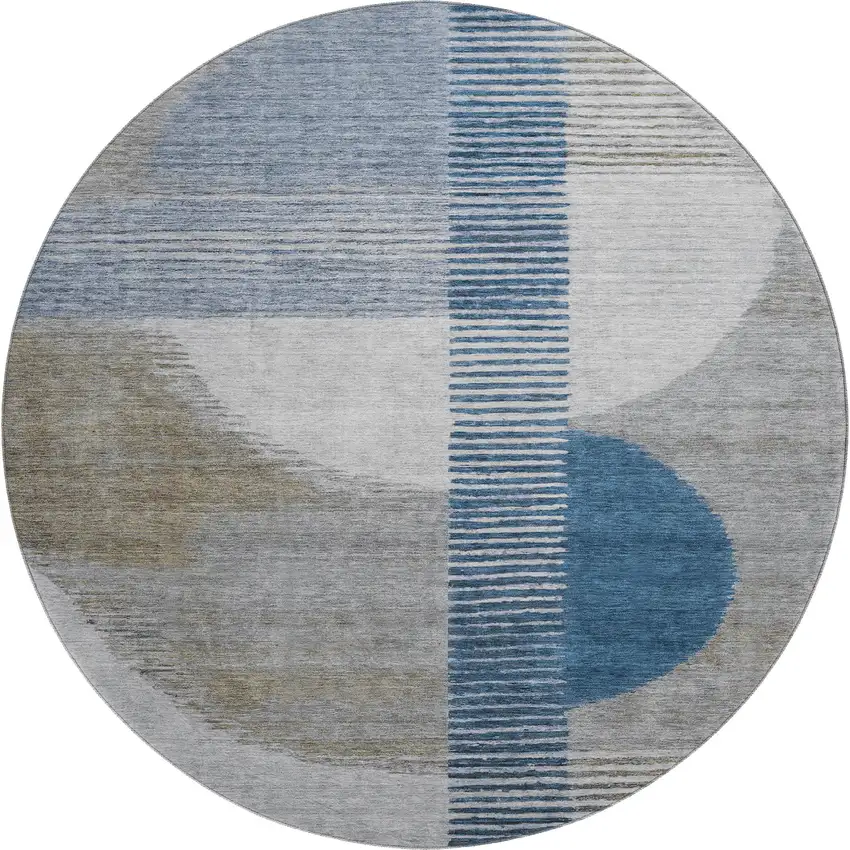 8' Denim Blue Ivory And Gray Geometric Washable Round Rug With UV Protection Photo 1