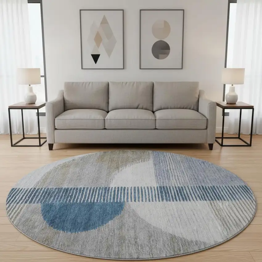 8' Denim Blue Ivory And Gray Geometric Washable Round Rug With UV Protection Photo 2