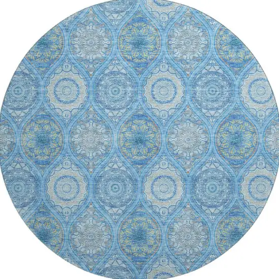 8' Denim Blue Ivory And Gray Ogee Washable Round Rug With UV Protection Photo 3