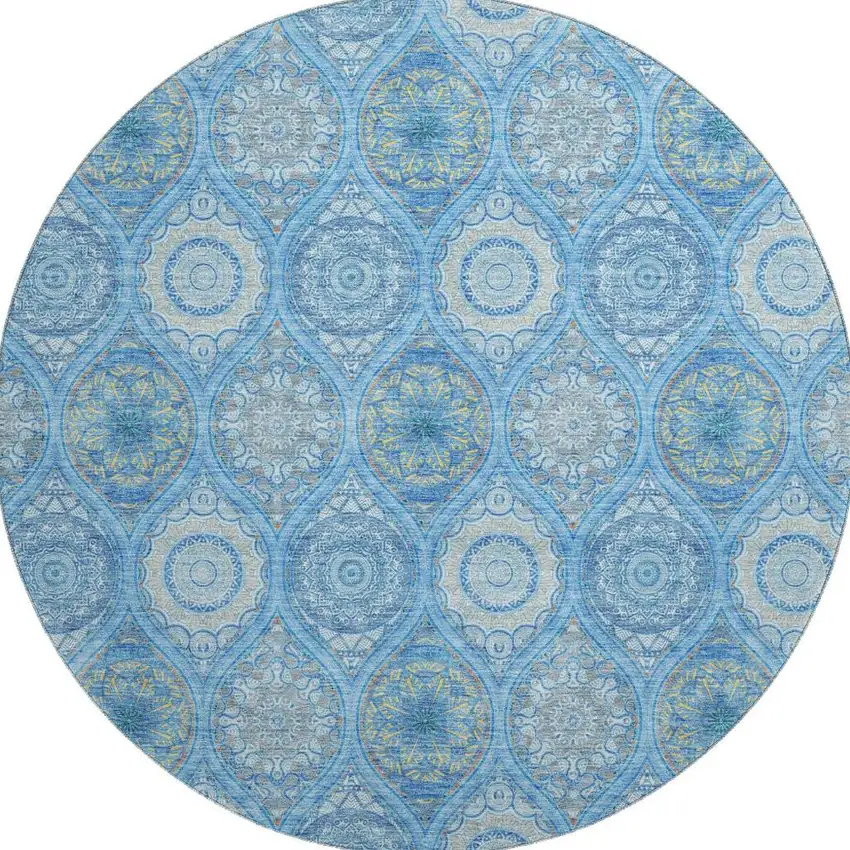 8' Denim Blue Ivory And Gray Ogee Washable Round Rug With UV Protection Photo 3