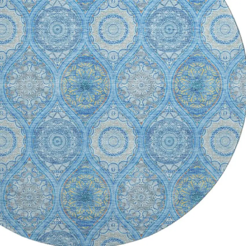 8' Denim Blue Ivory And Gray Ogee Washable Round Rug With UV Protection Photo 3