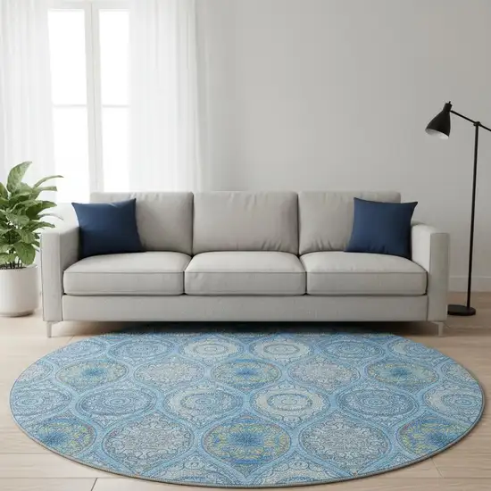 8' Denim Blue Ivory And Gray Ogee Washable Round Rug With UV Protection Photo 2