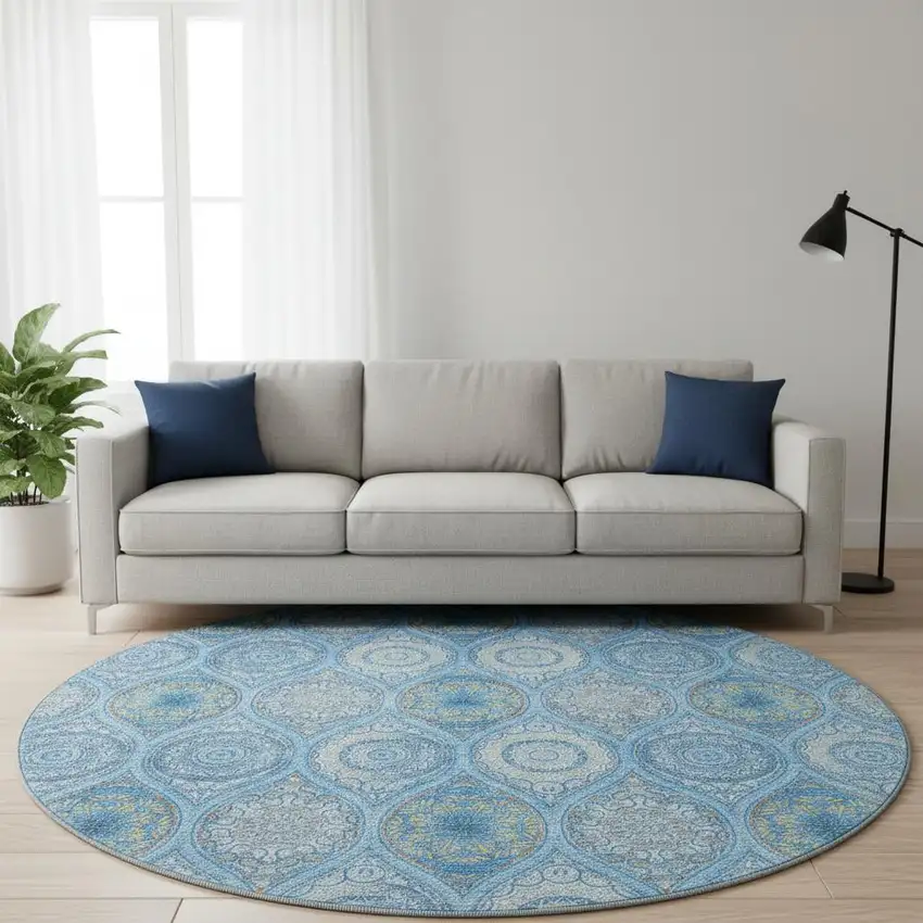 8' Denim Blue Ivory And Gray Ogee Washable Round Rug With UV Protection Photo 2