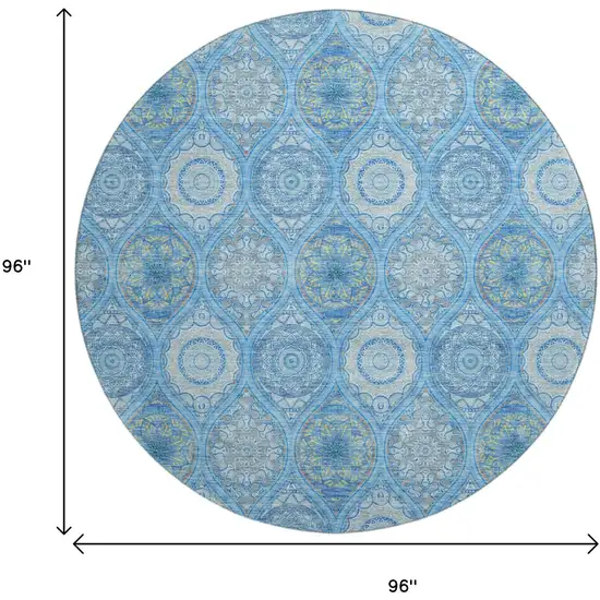 8' Denim Blue Ivory And Gray Ogee Washable Round Rug With UV Protection Photo 9