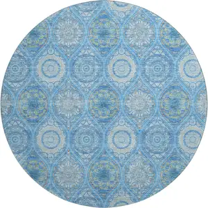 Photo of 8' Denim Blue Ivory And Gray Ogee Washable Round Rug With UV Protection